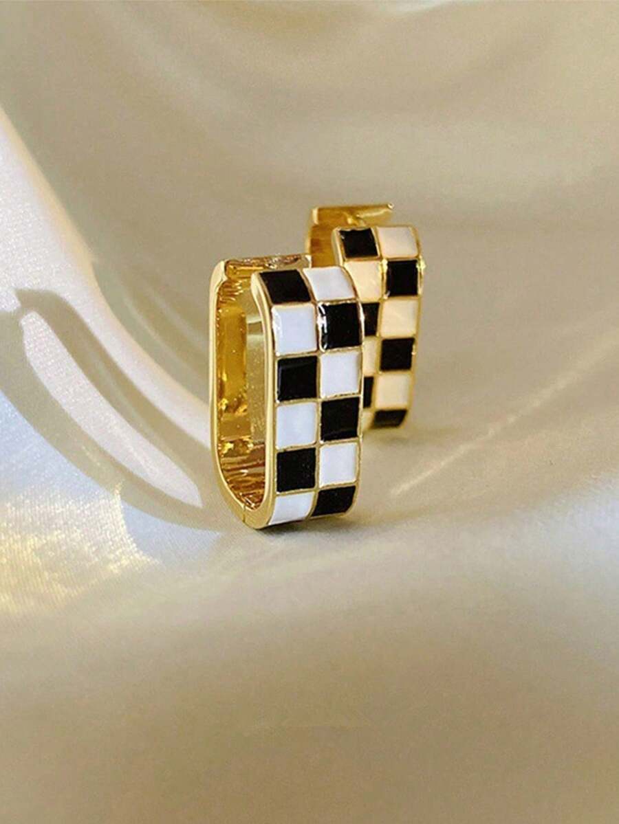 1對優雅黑白棋盤格方形耳釘，女款，小眾設計，高級復古極簡風 - 金方 - 查看 1