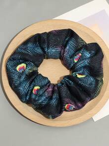 1pc Bohemian Style Peacock Feather Print Elastic Hair Scrunchie, Retro Y2K Vibe Daily Hair Accessory Ponytail Hair Ties Elastics Rubber Bands - Multicolor - View 8