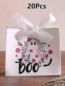 Halloween Paper Gift Box, White Cartoon Ghost & Flower Pattern Gift Packaging Box, Black & Pink Ribbon Decoration, Boo Theme, Special Packaging For Ghost Festival Party & Celebration Events - View 23