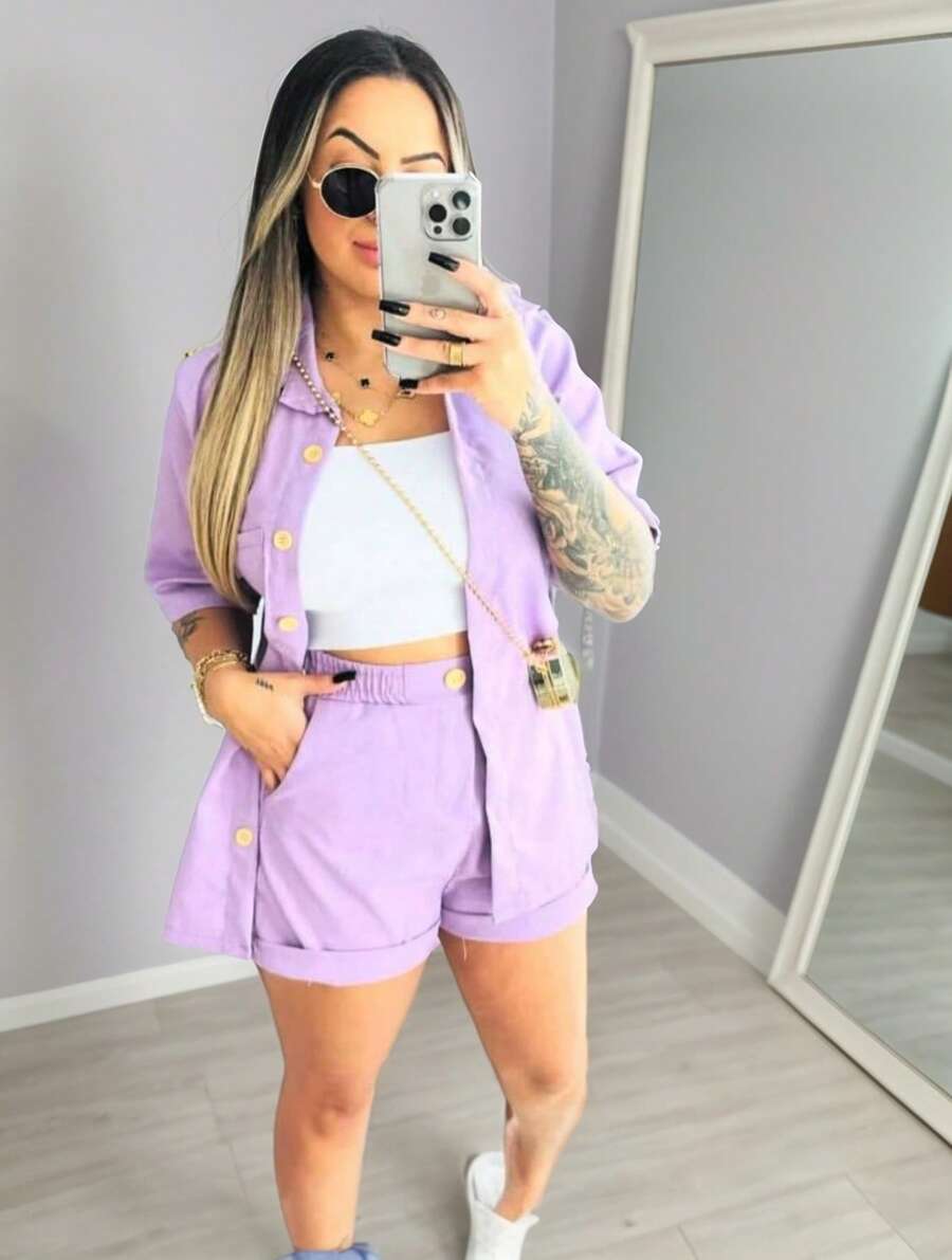 Linen Set / Shirt And Shorts / With Elastic Waistband - Lilac Purple - View 1