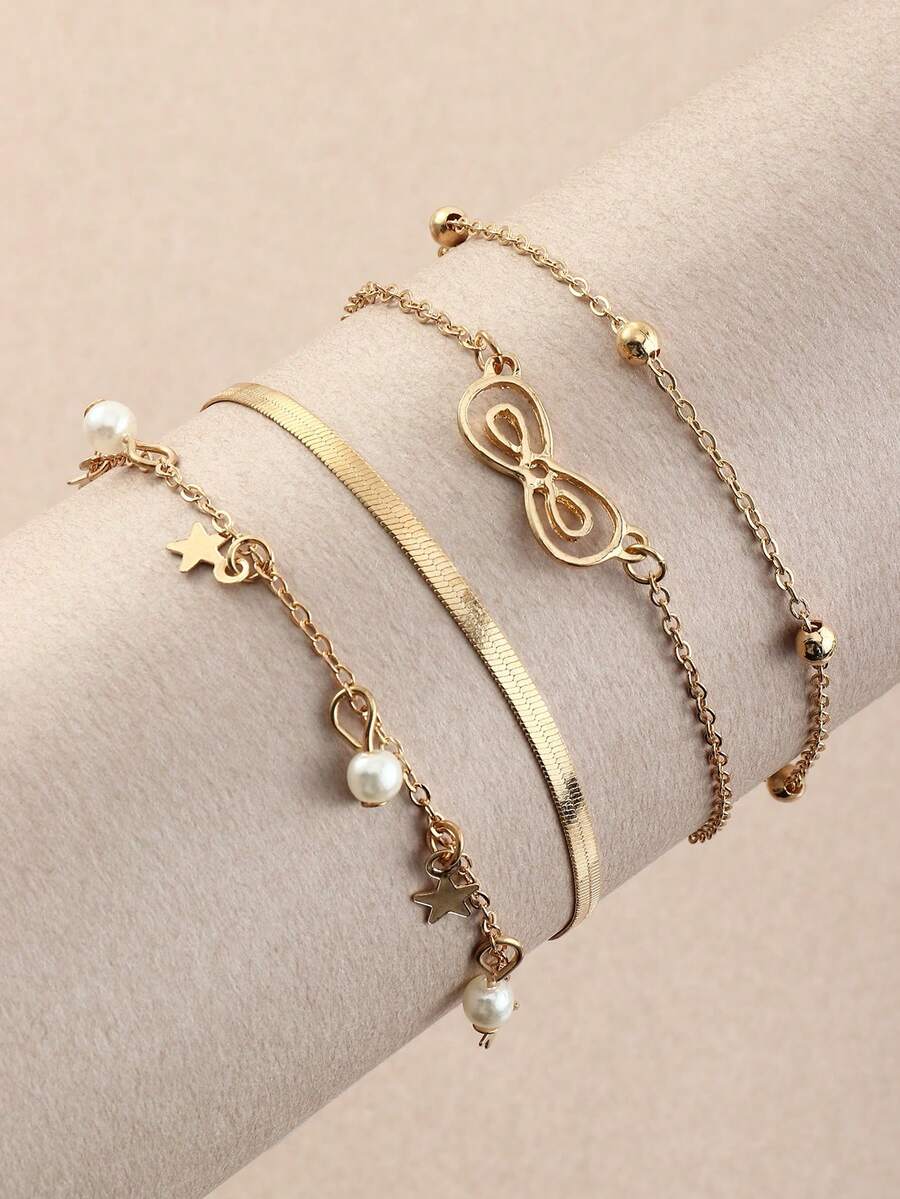 4pcs/Set Women & Teen Girls Pearl Chain Flower Bracelet Set Combination - Gold - View 1