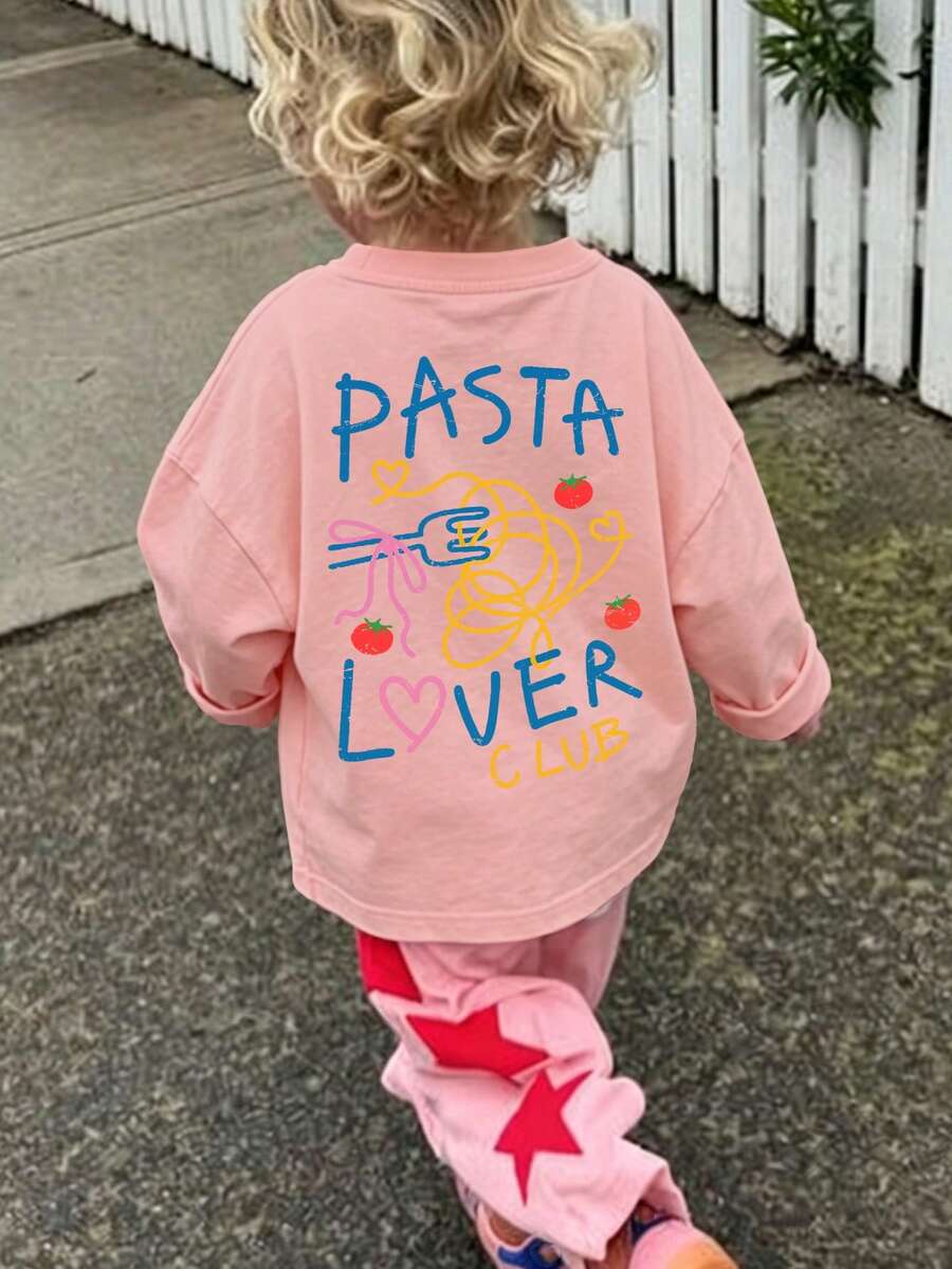 1pc Baby Girl Cute Long Sleeve T-Shirt, "PASTA LOVER CLUB" Print, Soft Fabric, Casual Style - Pink - View 1