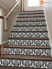 SUPSTICKER 1PC Black White Damask Stair Riser Stickers, Peel And Stick Removable PVC Decals For Staircase Makeover, 3 Patterns, 41.73x6.97in - 1PC - View 2