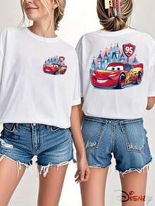 Disney, Before And After The 95th Lightning McQueen In Front Of Disney Castle, Printed Design, Romantic Healing T-Shirt, 100% Cotton T-Shirt, Street Style, Retro Couple's Style In Spring And Summer Of 2026, Gentle Atmosphere Top For Lovers' Dating Anniversary Disney Travel Girlfriends, Unisex, And Good Gift. - trắng - Xem 1