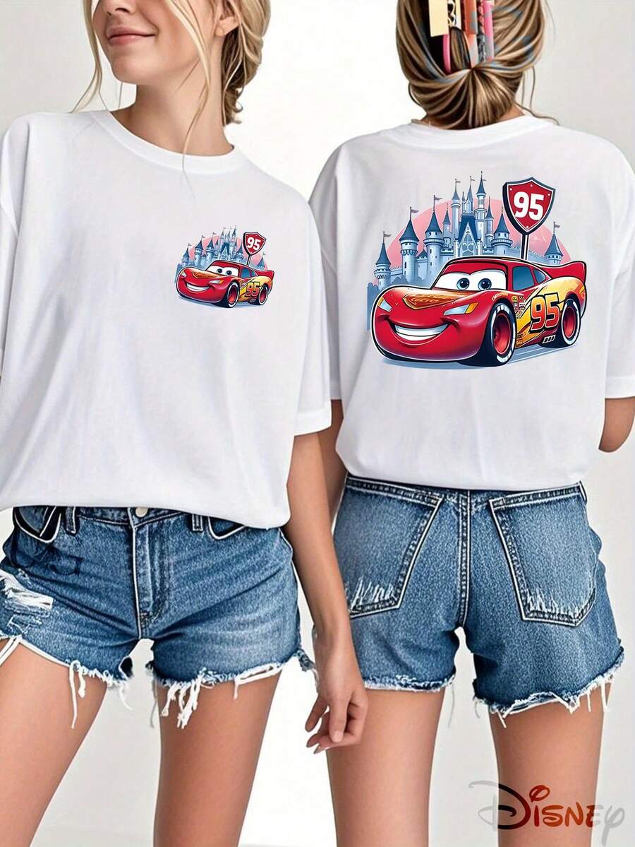 Disney, Before And After The 95th Lightning McQueen In Front Of Disney Castle, Printed Design, Romantic Healing T-Shirt, 100% Cotton T-Shirt, Street Style, Retro Couple's Style In Spring And Summer Of 2026, Gentle Atmosphere Top For Lovers' Dating Anniversary Disney Travel Girlfriends, Unisex, And Good Gift. - trắng - Xem 1
