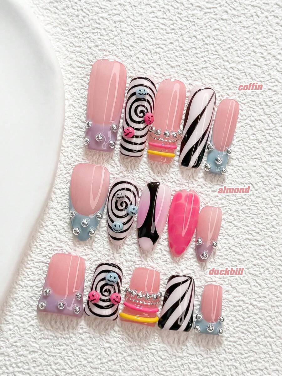 10pcs/Set Ongles à presser style Y2K faits main, décorations d'art des ongles en spirale, imprimé léopard et boule 3D, vernis à ongles bleu, violet, rose et noir, style décontracté, avec outils à ongles (1 pièce autocollant gelée + 1 pièce lime à ongles), 3 tailles disponibles, forme amande, canard, cercueil, convient pour fête, quotidien, fête, photographie, printemps/été - Multicolore - Voir 1