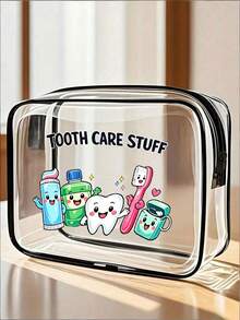 Cartoon Tooth & Dental Care Character Transparent Zipper Toiletry Bag, PVC Makeup Bag, Zipper Sealed PVC Travel Organizer Bag, Cute Style Transparent Storage Pouch, Portable Travel Toiletry & Cosmetic Organizer, Suitable For Dental Care Enthusiasts & Travel Lovers, Perfect For Mothers, Teachers, Friends And Nurses - Multicolor - View 2