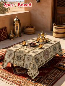 1/2pcs Tablecloth, Vintage Round Geometric Pattern Tablecloth Polyester Material Suitable For Kitchen Dining Room Coffee Table Dining Table Round Square Optional Suitable For Picnic Camping Country Farmhouse Decoration Tabletop Protection And Holiday Arrangement Multi-Scene Practical Decorative Fabric - Multicolor - View 22