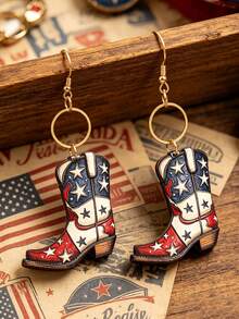 1 Pair Vintage American Independence Day Boots Print Stars & Stripes Wooden Patchwork Hollow Alloy Round Earrings - Multicolor - View 4