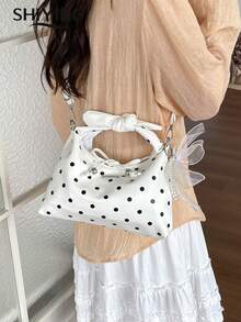 Fashion Polka Dot Handbag, Women's Multifunctional Shoulder Crossbody Bag, Vintage Bowknot Decor Drawstring Crescent Bag - White - View 10