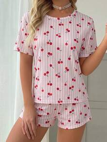 Women's Cherry Striped Short Sleeve Shorts 2 Pieces Pajama Set - Pink - View 3