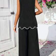 Conjunto de 2 piezas de top de tirantes con ribete de concha y pantalones casuales de maternidad para vacaciones - Café integral - Ver 3