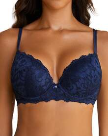 Push Up Bras For Women Add 2 Cups Sexy Lace Cleavage Extra Padded Plunge Bra Underwire - 藏蓝色 - 查看 7