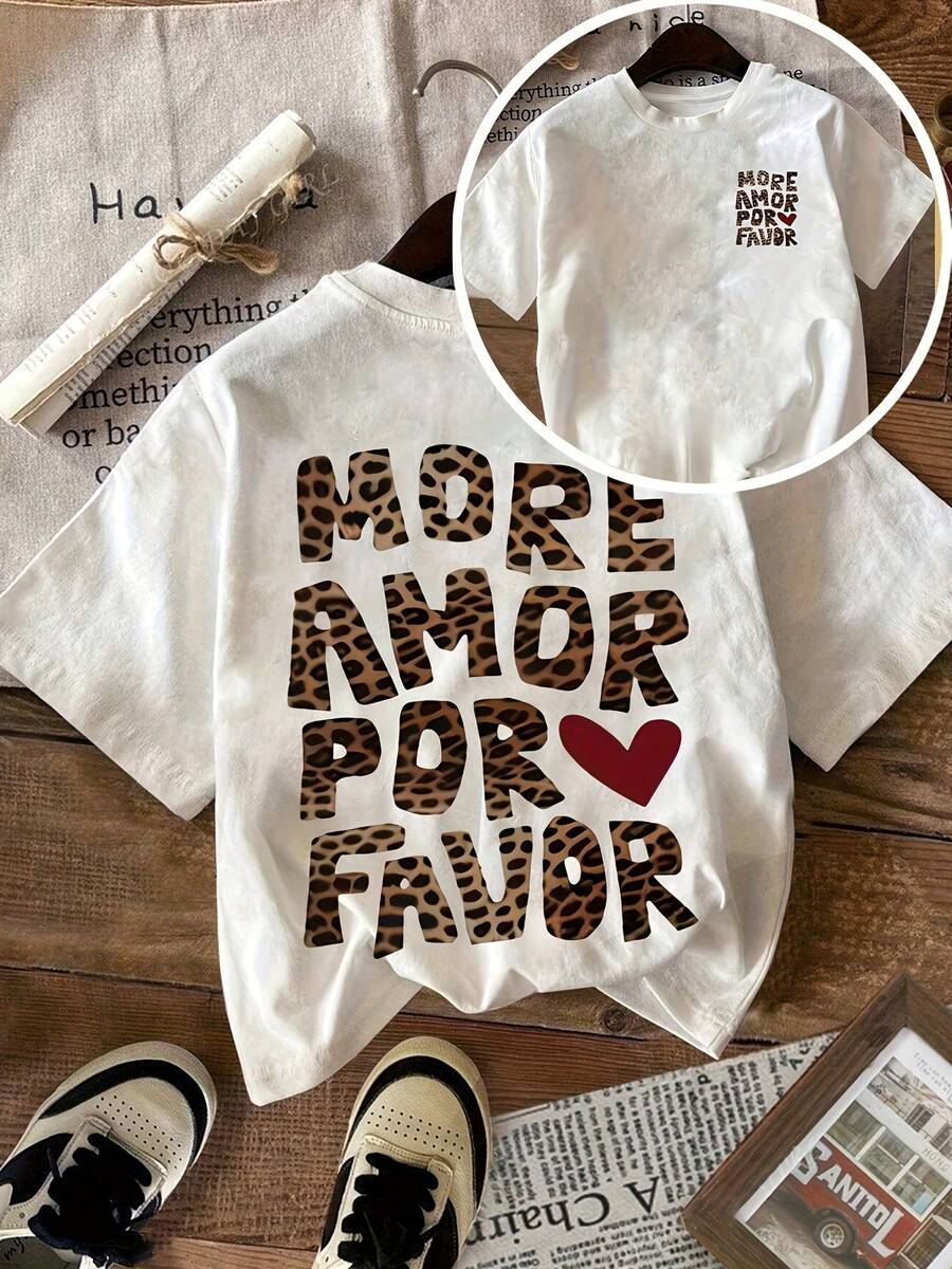 Camiseta Casual de Verano para Mujer, Estilo Minimalista, Estampado de Leopardo con Letras en Inglés, Manga Corta, Ecológica, de Alta Calidad[Impresión a Doble Cara] - Blanco - Ver 1