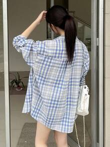 Korean Style Loose Fit Long Sleeve Plaid Shirt, Random Fabric Panels - Blue - View 6
