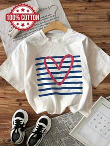 Dam Casual Kortärmad Rundringad T-shirt - Hjärtmönster med Randigt Tryck, Rosa och Marinblå, Avslappnad Passform, Maskintvättbar, Komfort Helårsbruk, Dagligt Bruk, Rolig Design, Andningsbart Tyg, Sommarset, Bekväm Bomulls-T-shirt, Dam Vårtoppströja - Vitt - Visa 1