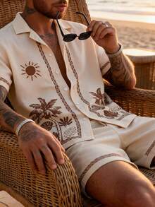 Men's Casual Fashion Outfit 2 Pieces Set: Short Sleeve Button-Down Shirt & Shorts, Relaxed Vacation Style, Fashionable & Versatile, Cozy Outfits - Apricot - View 11