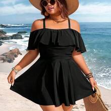 ghadjgyjad Swim Lushoire Parte superior de tankini de vacaciones con volantes en los hombros para mujer de talla grande, de unicolor - Burdeos - Ver 2