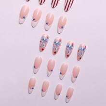 24Pcs Medium Almond Press-On Nails, Nude Base False Nails With Red & White Stripes, Blue Star & Bow Accents, Patriotic/4th Of July Wearable Nail Kit For Women, Reusable - Multicolor - View 2
