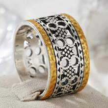 Two-Tone Hollow Carved Wide Ring, Bohemian Style, Vacation Retro Niche Accessory - Silver - View 3