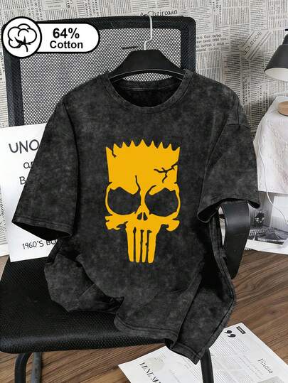 Áo thun nữ size lớn mặc thường ngày phong cách casual - họa tiết bông tuyết vintage wash in hình đầu lâu hoạt hình | Áo top mùa hè phong cách streetwear Mỹ