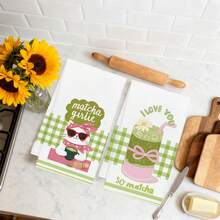 2PCS Healing Matcha Theme Cat Drink Print Microfiber Absorbent Kitchen Towels, 40*60cm Rectangular Dishcloth, Tablecloth, Hand Towel, Kitchen Decor, Neighbor Housewarming Gift, Kitchen Napkin And Dishcloth, Home Decor Gift - Green - View 7