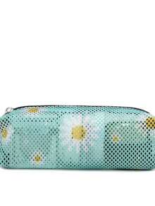薄荷綠雛菊印花網格便利化妝包，學生文具收納袋 - 薄荷藍 - 查看 3