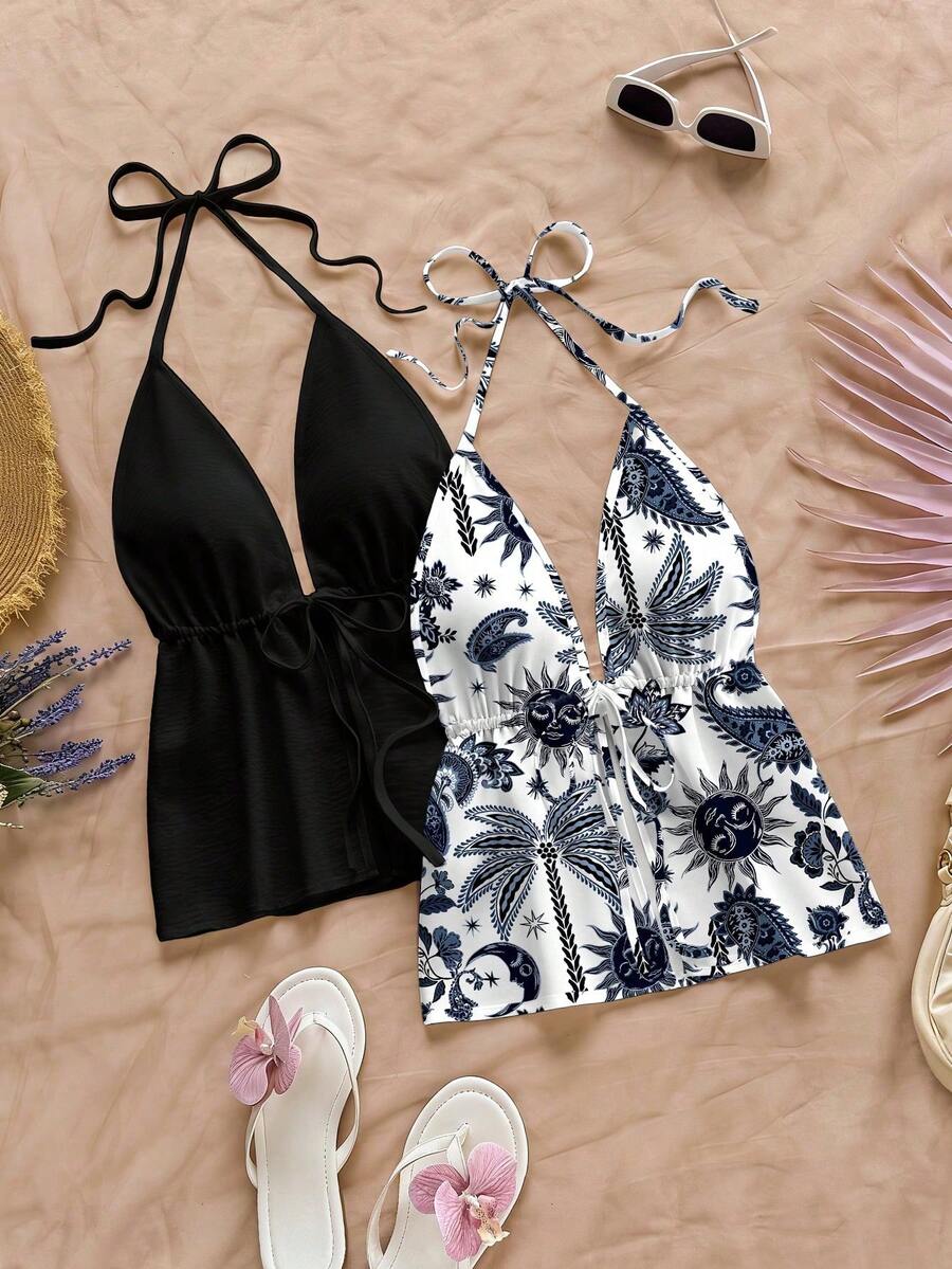 Set de 2 piezas Vacaciones Sexy Blusa de Tirantes con Escote en V y Estampado de Leopardo, Espalda Anudada, Tela Texturizada, Color Rojo, Adecuado para Vacaciones, Citas, Té de la Tarde, Festivales de Música, Estilo Bohemio - Multicolor 10 - Ver 1