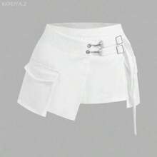 Soqi Women's Clothing Minifalda asimétrica de cintura baja con parches de diseño 3D y bolsillo - Blanco - Ver 1