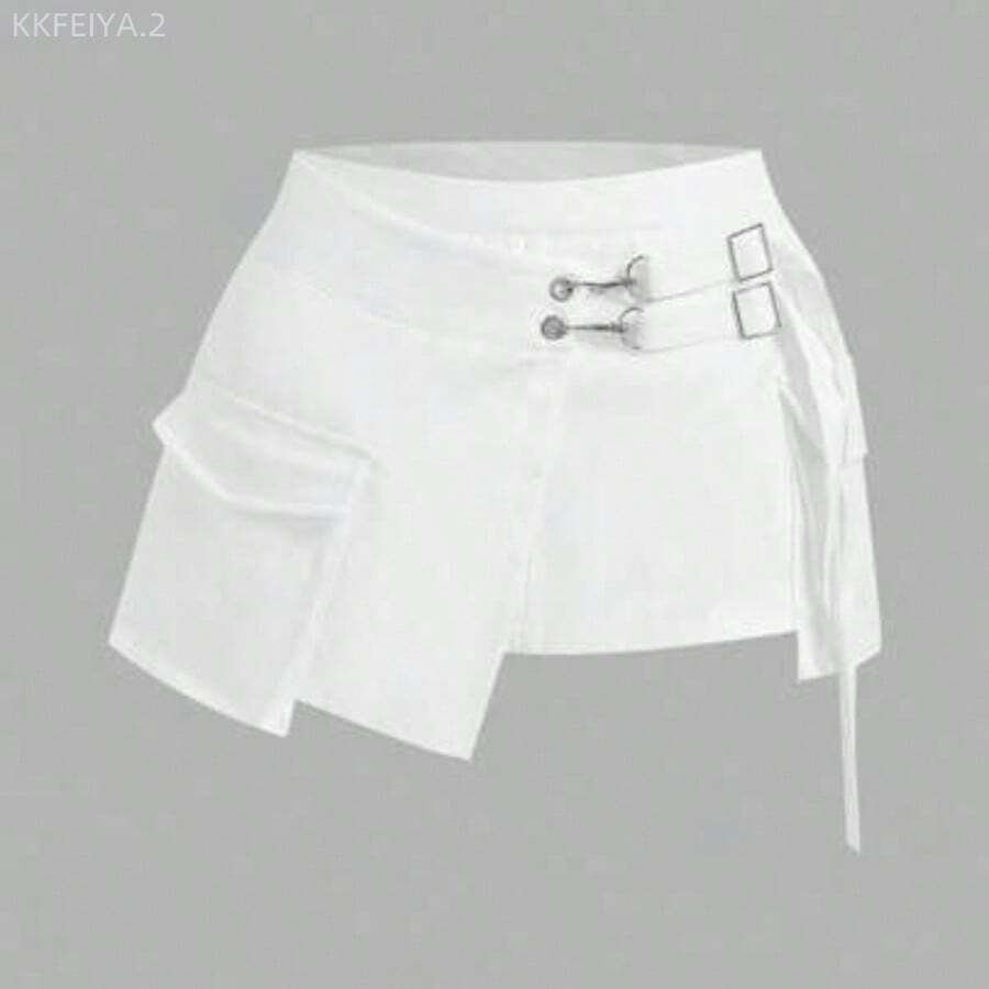 Soqi Women's Clothing Minifalda asimétrica de cintura baja con parches de diseño 3D y bolsillo - Blanco - Ver 1