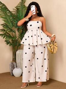 BIUBIU Setelan 2 Potong Motif Polkadot untuk Wanita Ukuran Plus, Atasan Ruffle Tanpa Punggung dengan Tali Bahu Tipis dan Celana Panjang Lebar, Pakaian Liburan Kasual - Krem - View 3