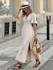 2026 Nuevo Vestido de lino para mujer, vestido largo elegante y romántico para vacaciones de verano - Albaricoque - Ver 1