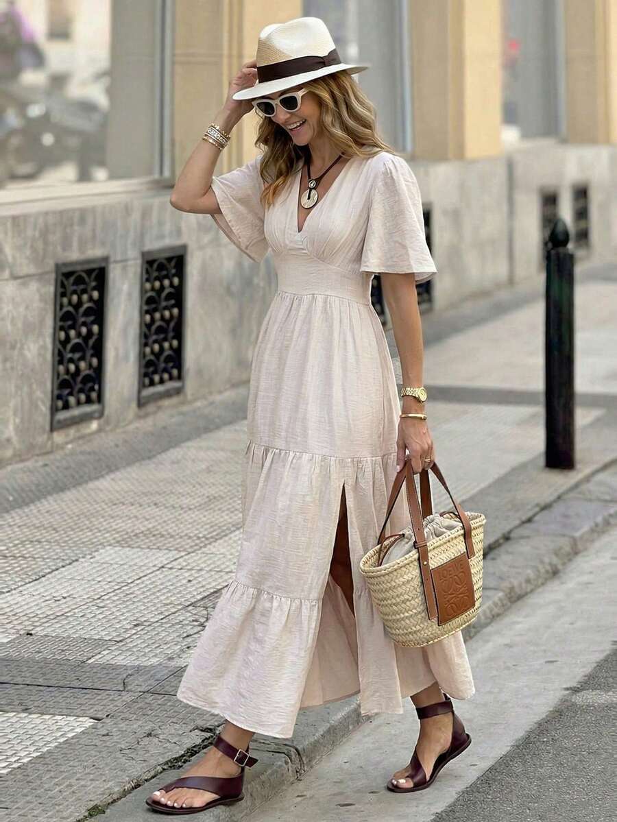 2026 Nuevo Vestido de lino para mujer, vestido largo elegante y romántico para vacaciones de verano - Albaricoque - Ver 1