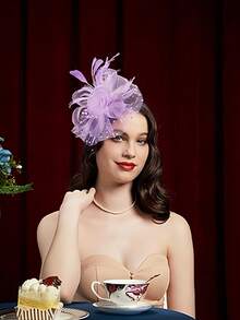 1pc Women's Tea Party Headband Kentucky Derby Hat Floral Mesh Hair Accessory Hair Clip, Suitable For Wedding - Mauve Purple - View 2