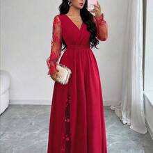 xuehuamaoyi02  Vestido elegante de mujer con cuello en V profundo, parche de encaje, manga larga y abertura alta, adecuado para graduación, vacaciones, Día de San Valentín, festivales de música, Día de la Madre, Acción de Gracias, Pascua, Día Nacional, bailes, citas, fiestas, bodas, actividades al aire libre, primavera/verano - Rojo - Ver 6