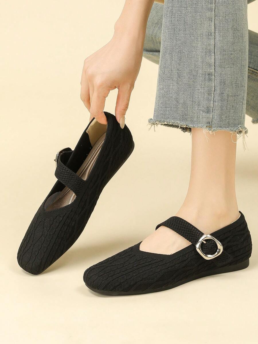 Giày búp bê Mary Jane nữ mũi vuông dệt kim, giày bệt lưới thoáng khí có quai cài khóa, giày ballet thường ngày thoải mái cho công việc hàng ngày