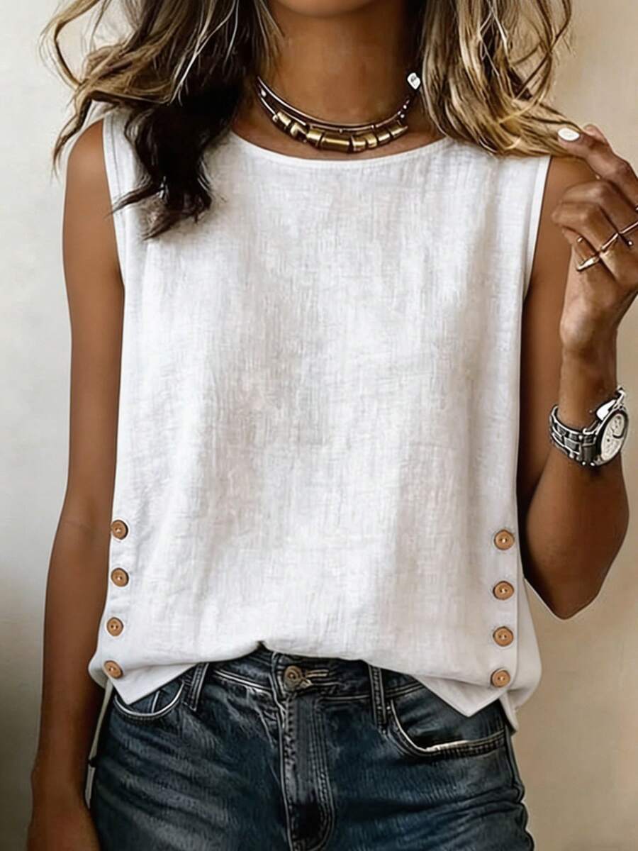 2026 Summer New Women's Round Neck Casual Loose Button Cotton Linen Solid Color T-Shirt - White - View 1