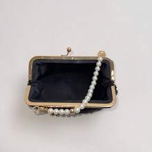 1pc Black Lace Clutch Purse, With Faux Pearl Detail & Gold-Tone Kiss-Lock Closure, Fabric Construction, Detachable Chain Strap, Romantic Vintage Style - Black - View 8