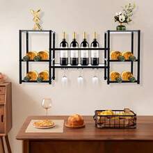3-Tier Wall & Floor Mounted Wine Rack, 44.09lbs Load Capacity Wine Storage Holder With Glass Hanger For Home Kitchen Bar Restaurant Decor - Black - View 3