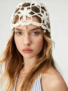 OBOVAY 1Pc Women's Bohemian Style Hollow Flower Crochet Hat, Fashionable Knitted Beanies Cap, Versatile Retro Pearl Fringed Pullover Hat,Suitable For Daily Wear,Spring And Summer Travel. - Multicolor - View 2