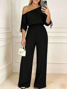 ChicMe Women's Oblique Collar Drawstring Cuff Elastic Waist Jumpsuit, Casual High Waist Wide Leg Jumpsuit, Elegant For Daily Office, Party Wear - Black - View 2