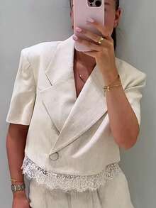 TF.MLN Women's Casual Fashion Solid Color Blazer, V-Neck Single Button Short Lace Blazer Top, Spring/Summer Fashion Top - Off-white - View 3