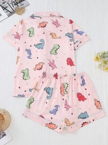 2pcs/Set Women's Pajama Set, Cute Dinosaur Family Print, Women's Loungewear, Spring/Summer Holiday Outfit, Short Sleeve Lapel Top And Shorts Wearable Set - Pink - View 4