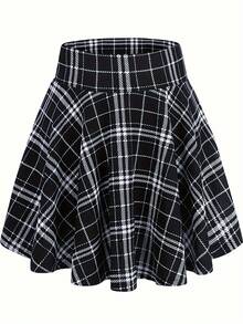 New High Waisted Skirt With Drawstring And Check Print, Versatile And Fluffy A-Line - Black and White Lines - View 1