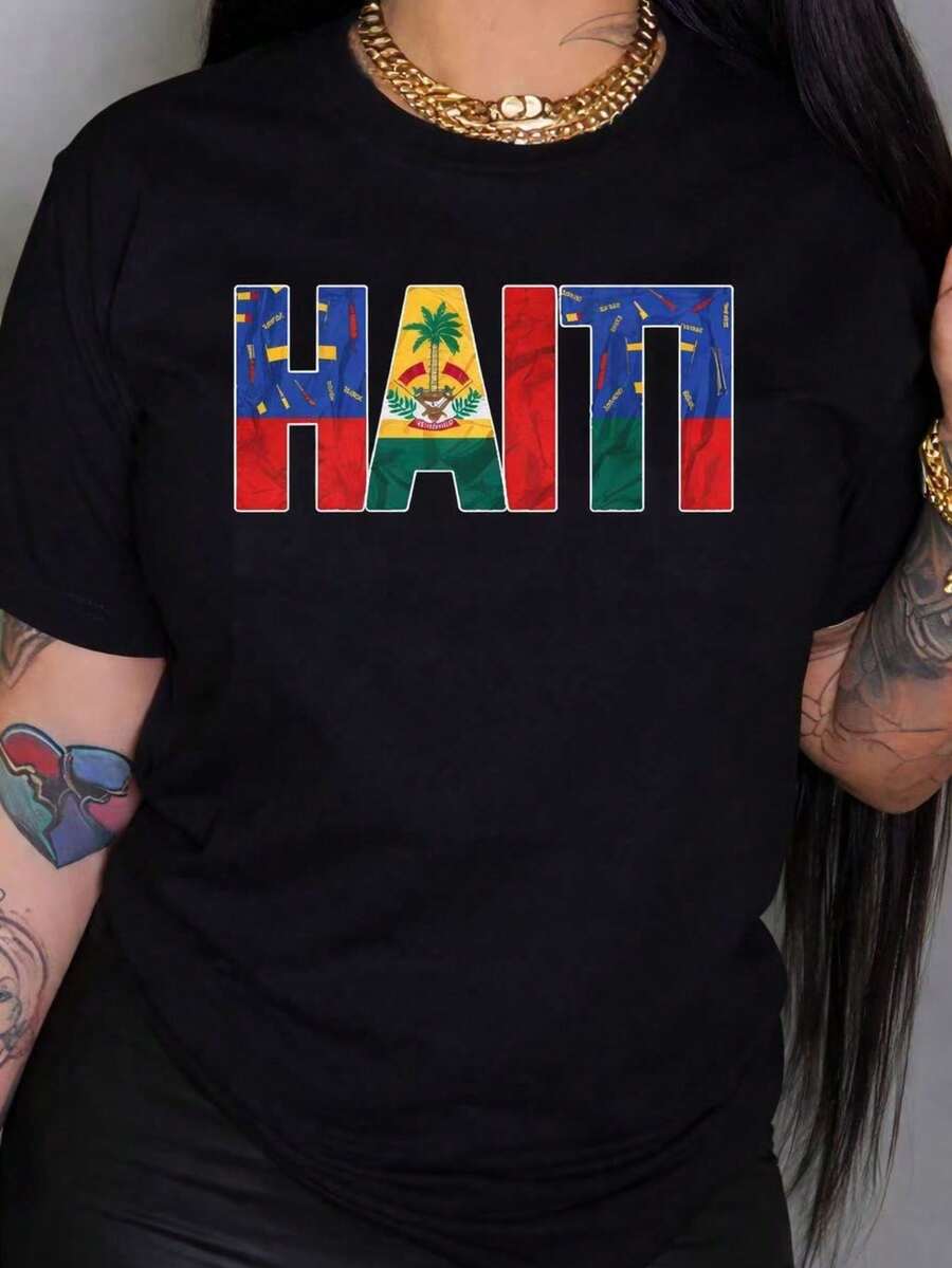 Haiti-Abzeichen-Print-Shirt aus Baumwolle, lässiger Stil, Rundhalsausschnitt, atmungsaktiv, bequem, Alltagsoutfit - Schwarz - Übersicht 1