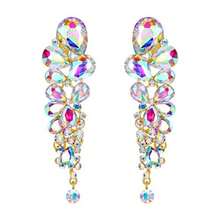 EVER FAITH Rhinestone Cristal Elegante Lágrima Gota de Agua Nupcial Boda Clip on Aretes - Transparente iridiscente AB tono dorado - Ver 9