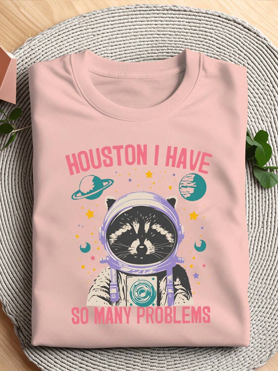 Top For Women Raccoon T-Shirt-Funny Retro Raccoon T-Shirt-Raccoon Astronaut T-Shirt-Retro Pattern Shirt-Raccoon Print T-Shirt Women Pattern T-Shirt Wo - 粉紅色 - 查看 1