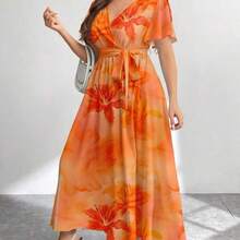 dahkjdgajy  Vestido holgado de talla grande con estampado retro de flores de hibisco, adecuado para primavera y verano - Naranja - Ver 6