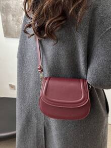 Fashion Solid Color Embossed Mini Saddle Crossbody Bag - Red - View 4