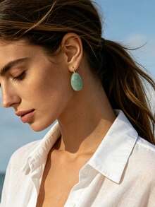 Amazonite Teardrop Pendant Earrings, Bohemian Style Natural Stone Earrings, 18K Gold Plated Jewelry, Spring/Summer Beach Vacation Fashion Accessory, Teacher's Day, Mother's Day, Graduation Season Gift, Healing Crystal - Multicolor - View 6